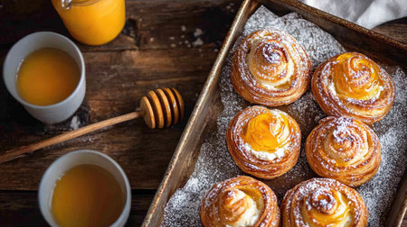 A warm, freshly baked tray of Italian ricotta-filled pastries, drizzled with honey, served on a rustic wooden table.の素材