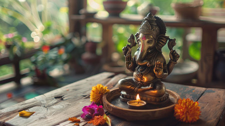 Wooden table with an elegant Ganesha statue, offering a serene and sacred ambianceの素材