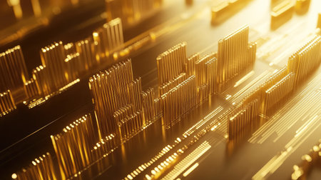 A close-up of a 3D gold stacked column graph with golden layers and segments, illustrating a breakdown of financial data with a luxurious and detailed presentation.の素材