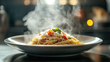 A steaming plate of spaghetti carbonara with crispy pancetta, creamy sauce, and a sprinkle of parmesan cheese.の素材