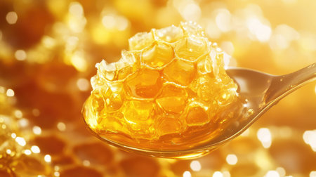 A close-up of honeycomb with a dollop of honey on a spoon, showcasing the intricate hexagonal pattern and the glossy texture of the honey.の素材