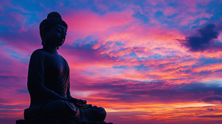 A dramatic silhouette of a Buddha statue against a vibrant sunset sky, with the serene and meditative pose highlighted by the colorful backdrop.の素材