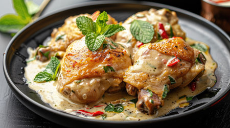 Traditional stew chicken in creamy white sauce, Phuket style, on a black plateの素材