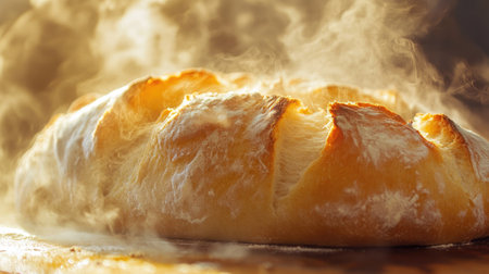 A close-up of a hot and freshly baked bread loaf with steam rising from the crust, highlighting the golden brown texture and the inviting aroma of the baked goods.の素材