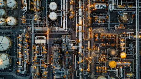 Aerial perspective of oil refineries and chemical plants, highlighting the extensive layout and infrastructure in an industrial area with this inviting photo.の素材