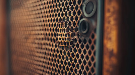 A close-up of the mesh grill of a vintage speaker, with the texture and retro design elements adding a nostalgic feel to the image.の素材