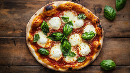 A traditional Italian pizza with fresh mozzarella, basil, and a crispy, golden crust served on a rustic wooden table.の素材