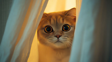 A close-up of a chubby cat peeking out from behind a curtain, with its curious eyes and rounded body partially visible, showcasing its playful and charming personality.の素材