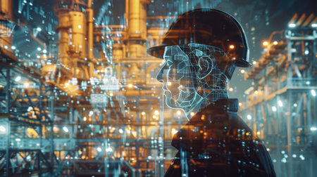 Double exposure of an engineer worker with a holographic interface, illustrating the merging of traditional industry and modern technology with this inviting photo.の素材