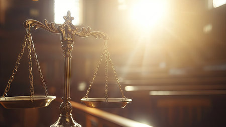 A close-up of a metal scales of justice with a polished finish, positioned against a backdrop of a courtroom with soft lighting highlighting its symbolic importance.の素材