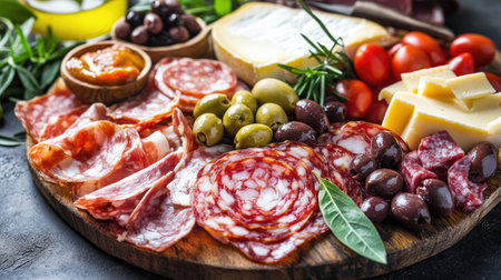 A traditional Italian antipasto platter with cured meats, olives, cheeses, and fresh bread for a dinner appetizer.の素材