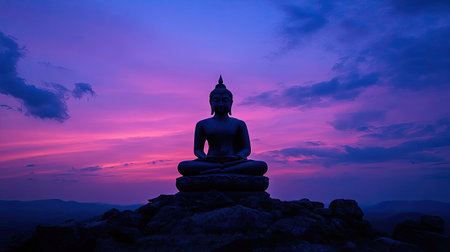 A panoramic view of a Buddha silhouette on a hilltop during twilight, with soft, ambient light creating a sereneの素材