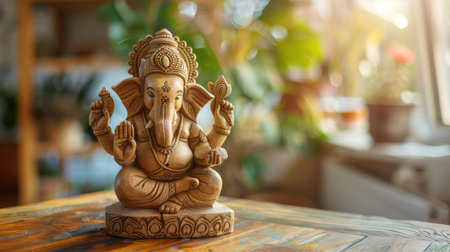 Unadorned wooden table with a Ganesha idol, suitable for religious and festive themesの素材