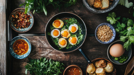 A top-down view of a breakfast spread featuring , with the eggs in a small pan, accompanied by Thai-style dipping sauces and fresh herbs, creating a colorful and inviting meal.の素材