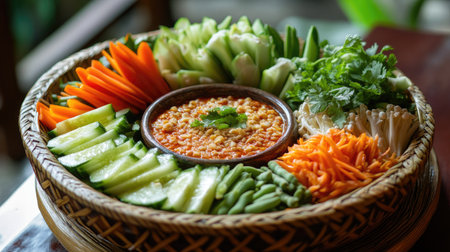 A traditional Thai dish featuring a bowl of served with an assortment of fresh vegetables, such as cucumber, carrots, and green beans, ready for dipping.の素材