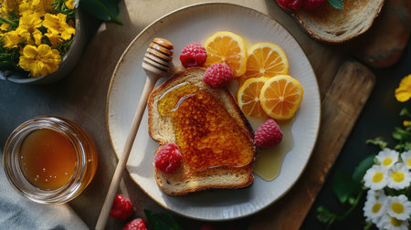 A top-down view of a breakfast spread with toast drizzled with honey, fresh fruit, and a jar of honey on the side, capturing a wholesome and appetizing meal.の素材