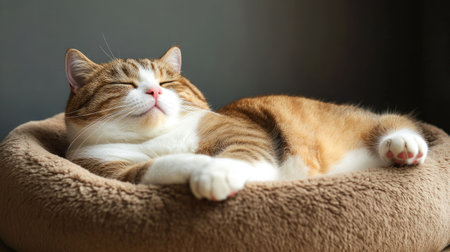 A panoramic view of a chubby cat sleeping in a plush cat bed, with its rounded belly and peaceful expression, emphasizing its comfortの素材