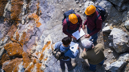A top-down view of a geological field trip with scientists examining rock samples and taking notes, showcasing the study of Earth's crust in the field.の素材