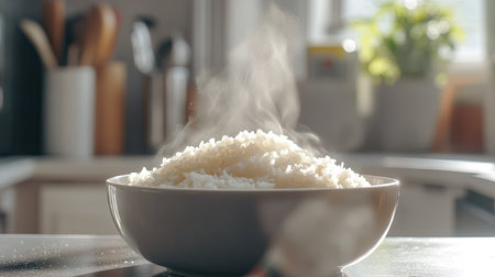 A detailed shot of a bowl of hot rice with steam rising and a few grains sticking to the sides, placed on a kitchen countertop with cooking utensils in the background.の素材