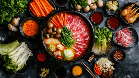 A top-down view of a hot pot filled with simmering broth, sliced meat, vegetables, and mushrooms, arranged around the pot with dipping sauces and garnishes.の素材
