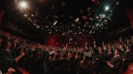 A panoramic view of a graduation ceremony with students throwing their caps in the air, celebrating their academic achievements and the joy of graduation.の素材