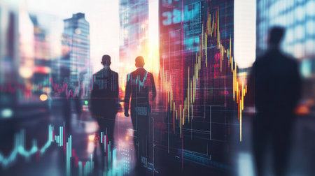 Business team in formal attire on a blurred city background, with a dynamic forex chart superimposed. Represents global trade and financial market analysis.の素材