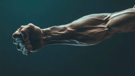 A detailed shot of a person muscular arm in motion, with emphasis on the definition and strength of the muscles, highlighting physical fitness and activity.の素材