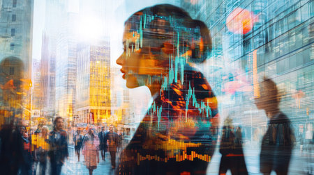 Double exposure image of a diverse group of businesspeople and a blurred cityscape, with a prominent forex trading chart. Emphasizes financial markets and trade strategies.の素材