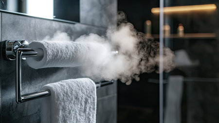 A close-up of steam clouds emerging from a heated towel rail in a bathroom, with the steam adding a cozy and inviting feel to the space.の素材