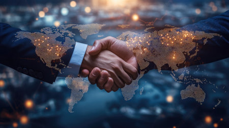 Global network distribution concept with a handshake representing a smart logistics investment deal. World map background highlighting successful business teamwork.の素材