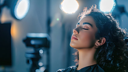 A woman sitting in a makeup chair in a professional studio, with lights illuminating her face as she undergoes a transformationの素材