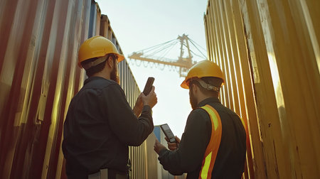 Cargo foreman and engineers in helmets coordinating with walkie talkies while checking inventory inside a container.の素材