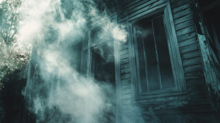Smoke seeping through the cracks of an old, abandoned house, creating an eerie, haunted atmosphere, perfect for a horror or mystery theme.の素材