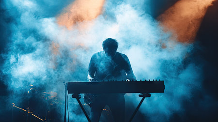 Smoke enveloping a musician as they perform on stage, with dramatic lighting creating an ethereal, otherworldly effect during a live concert.の素材