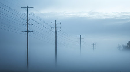 Power lines cutting through a dense fog, with the wires barely visible as they fade into the mist, creating a mysterious and almost ethereal landscape.の素材