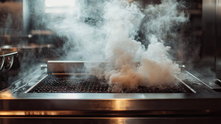 Steam escaping from the exhaust of a cooking grill, with the smoke and steam mingling to create a dynamic and appetizing culinary scene.の素材