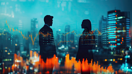 Professionals with a cityscape and forex chart in the background. Double exposure effect combining business presence and financial market analysis.の素材