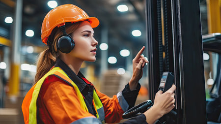 Female foreman operating a forklift and using a walkie talkie to communicate during cargo handling. She is coordinating transportation and service effectively in a logistics facility.68717b650688の素材