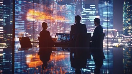 Business leaders from different countries utilizing digital technology to enhance HR recruitment and management strategies. Modern office scene with tech overlays, ideal for showcasing global HR expertise. -の素材