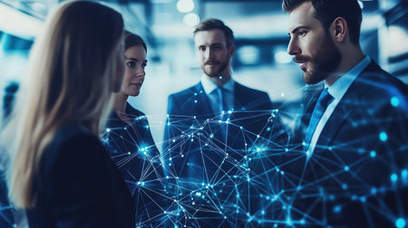 Group of businesspersons focused on network expansion and HR strategies. Digital network and connectivity visuals in the background, showcasing teamwork and collaborative efforts in a professional setting.の素材