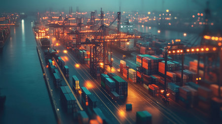 Visual of smart logistics concept with container cargo ship and trucks. Focus on transportation network distribution and growth in the industrial landscape.の素材