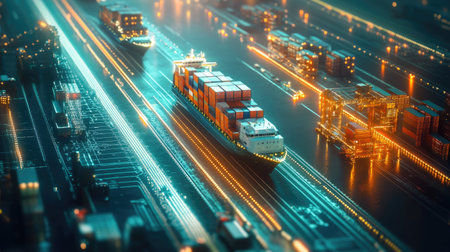 Visual of smart logistics concept with container cargo ship and trucks. Focus on transportation network distribution and growth in the industrial landscape.の素材