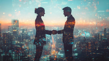 Two young professionals engaged in a handshake with a double exposure of a modern cityscape in the background. Futuristic elements and city lights reflect teamwork and progress. -の素材