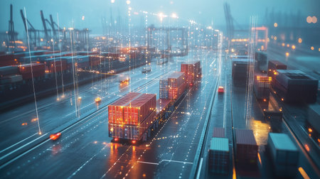 Visual of smart logistics concept with container cargo ship and trucks. Focus on transportation network distribution and growth in the industrial landscape.の素材