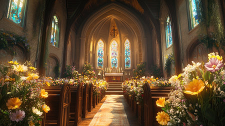 A panoramic shot of a grand church with tall wooden pews, Easter flowers adorning the altar, and soft light streaming through stained-glass windows.の素材