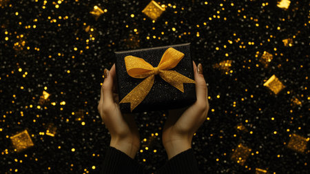 A festive moment captured from above a hand holding a black gift box with a yellow bow, set against golden sequins on a black background.の素材