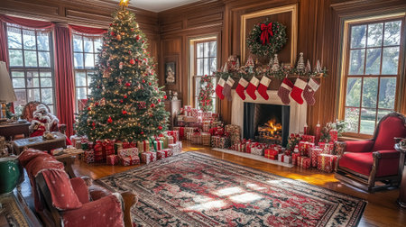 A festive living room scene with a Christmas tree surrounded by gifts, a cozy fireplace, and stockings, creating the perfect setting for family celebrations.の素材