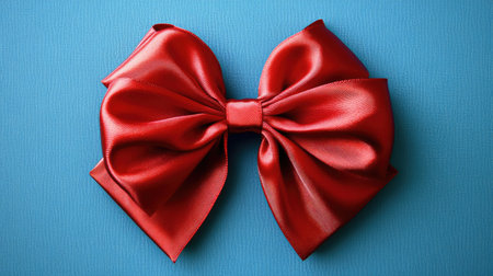 A festive red satin ribbon bow adorning a gift box placed on a blue background, ideal for holiday promotions or a sale banner with copy space.の素材