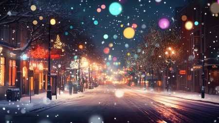 A festive snowy city street on Christmas Eve, with bright trees shining and blurred holiday lights in the background, creating a serene, winter wonderlandの素材