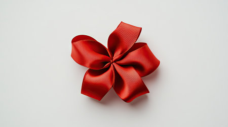 A flat lay of a bright red four-loop satin ribbon holiday bow with a subtle gray sheen, perfectly isolated on a clean white background.の素材